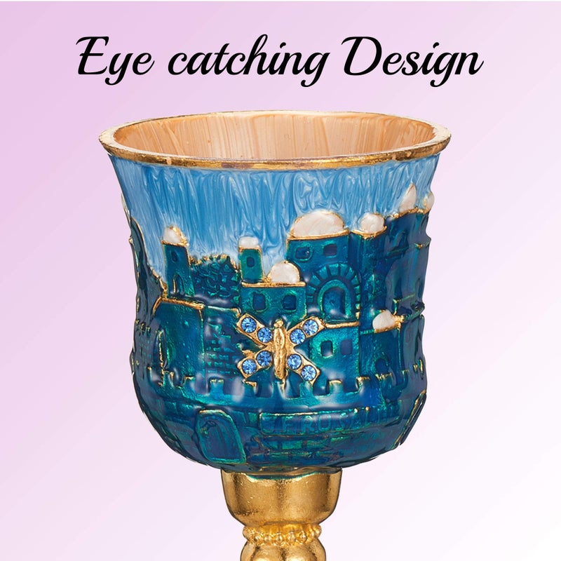 Matashi Hand-Painted Enamel Tall 5" Kiddush Cup Set with Stem and Tray Embellished with Crystals, Jerusalem Cityscape for Weddings Shabbat Havdalah Passover Goblet Judaica Gift - Image 5